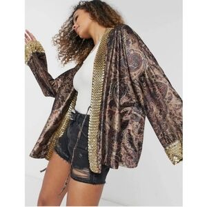 FREE PEOPLE LAYLA EMBELLISHED VELVET KIMONO JACKET  PAISLEY BROWN COMBO LARGE